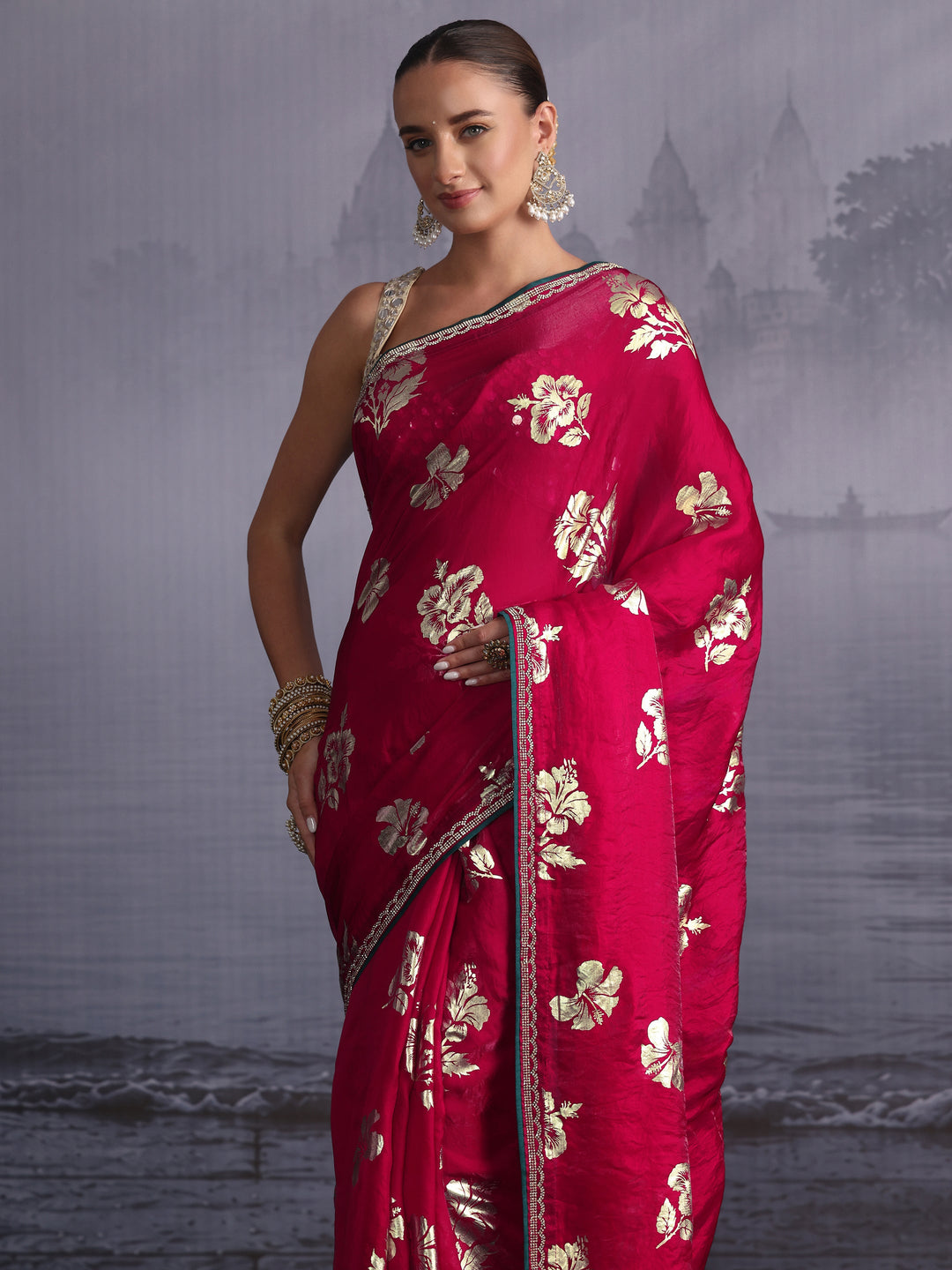  Libas Magenta Pink Floral Printed Tissue Saree with Embellished Border 