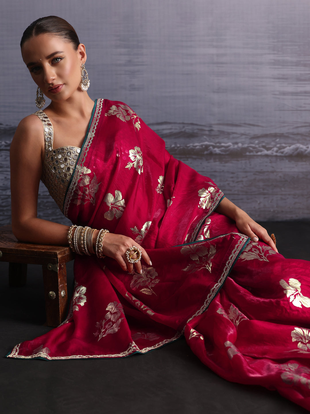  Libas Magenta Pink Floral Printed Tissue Saree with Embellished Border 