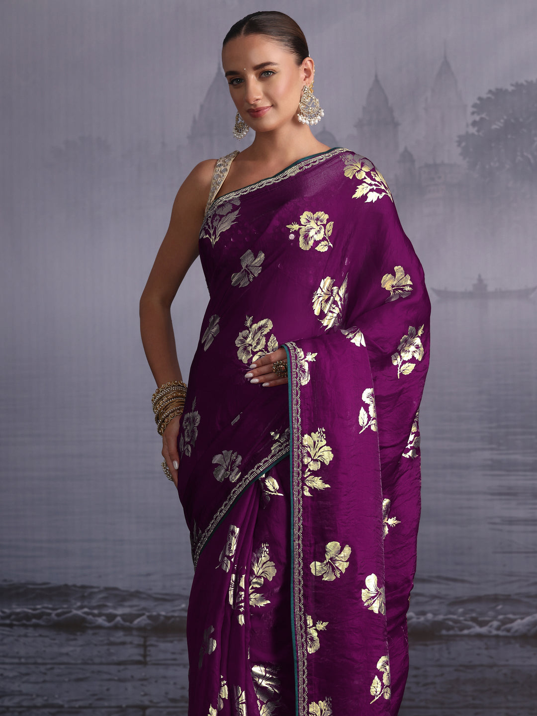  Libas Burgundy Floral Printed Tissue Saree with Embellished Border 