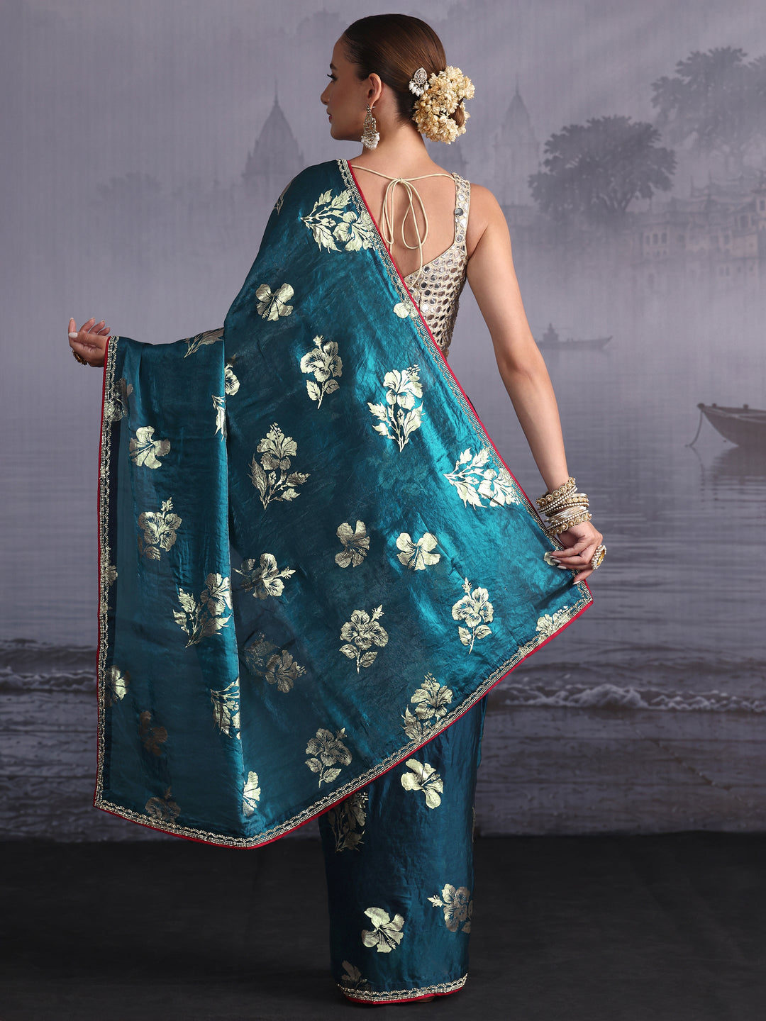  Libas Teal Blue Floral Printed Tissue Saree with Embellished Border 