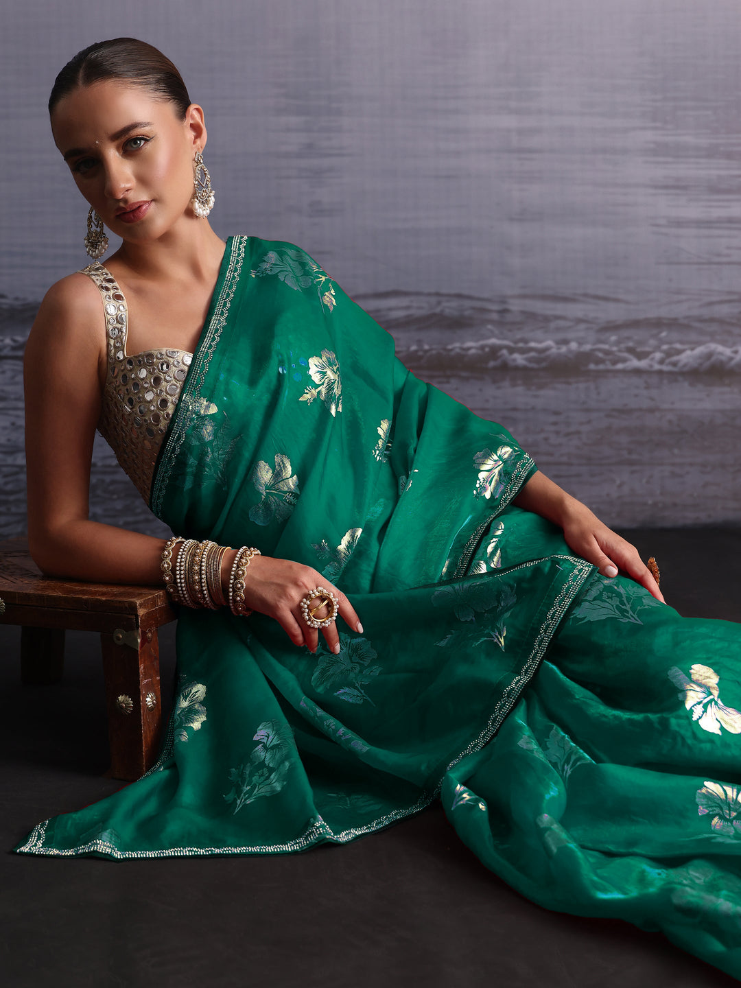  Libas Green Floral Printed Tissue Saree with Embellished Border 