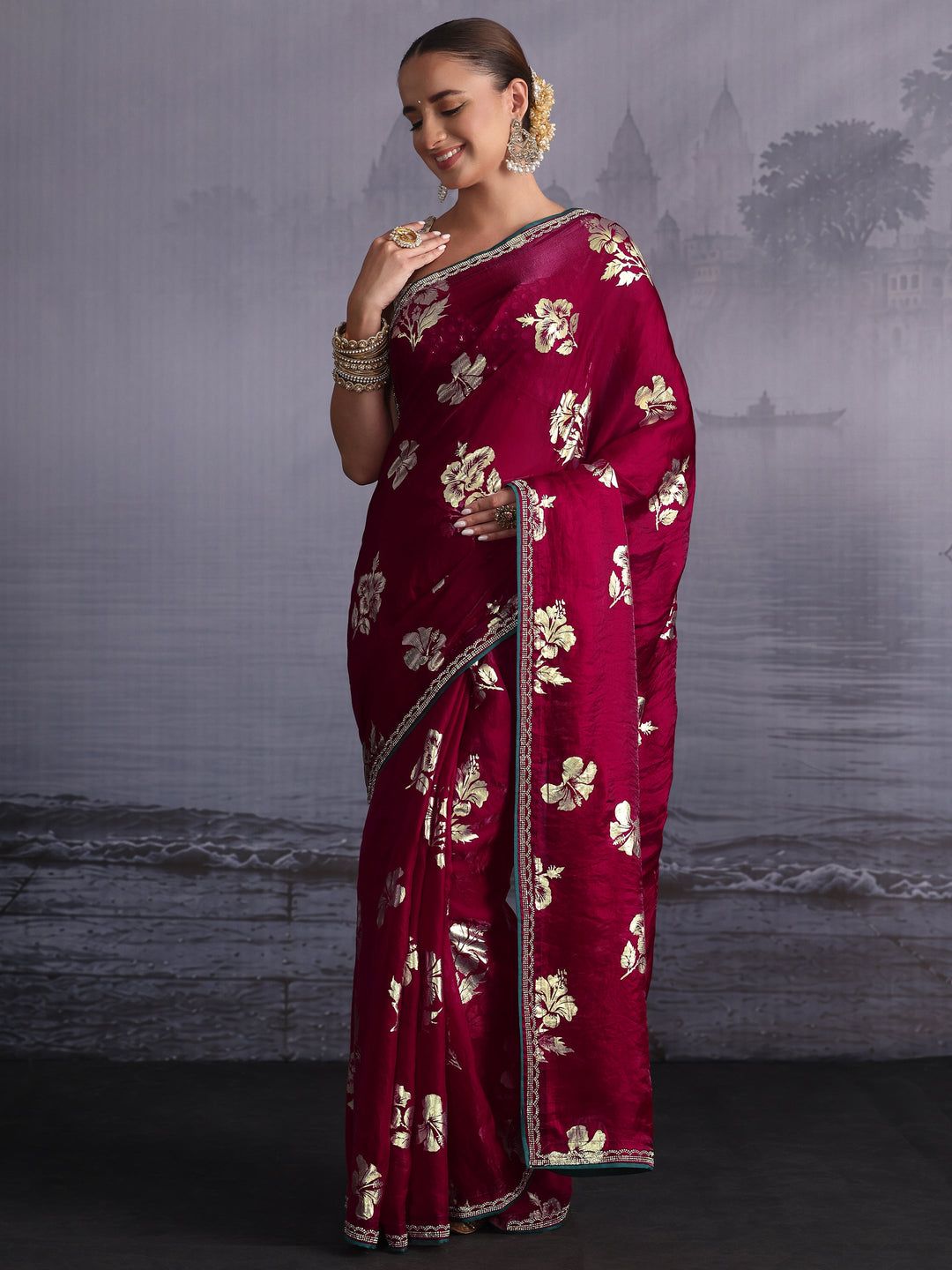  Libas Maroon Floral Printed Tissue Saree with Embellished Border 