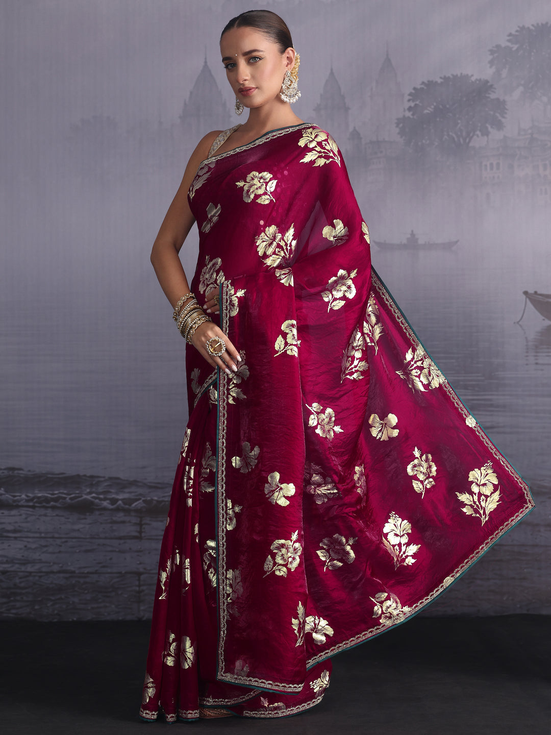  Libas Maroon Floral Printed Tissue Saree with Embellished Border 