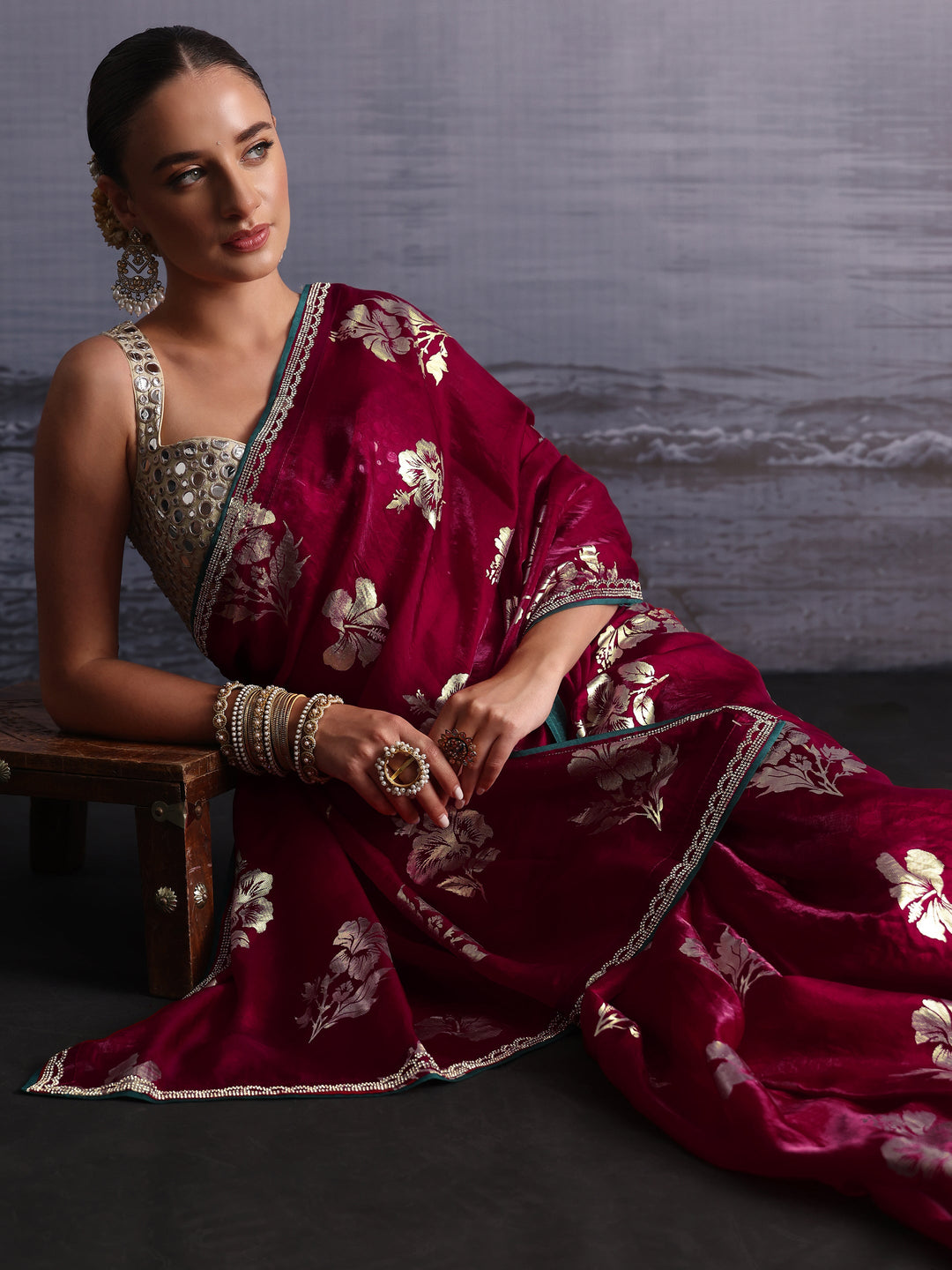  Libas Maroon Floral Printed Tissue Saree with Embellished Border 