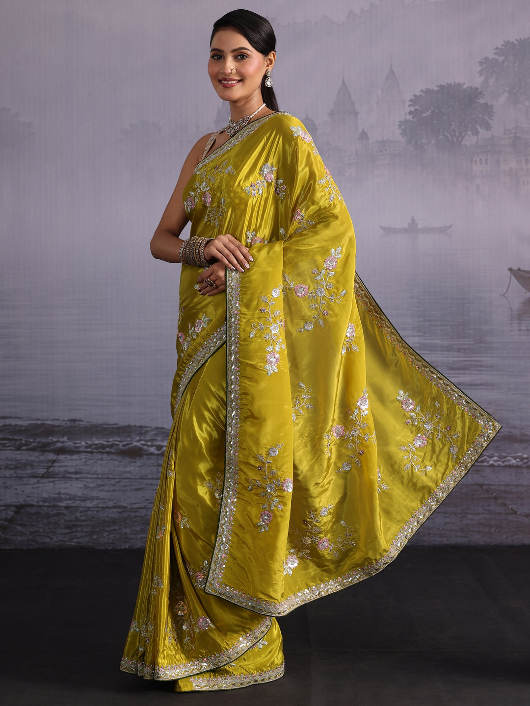  Libas Mustard Floral Sequin Embroidered Satin Saree 