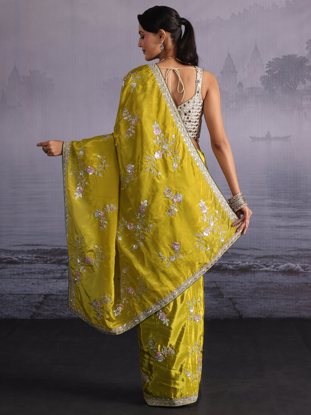  Libas Mustard Floral Sequin Embroidered Satin Saree 