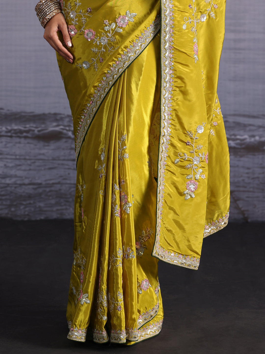  Libas Mustard Floral Sequin Embroidered Satin Saree 