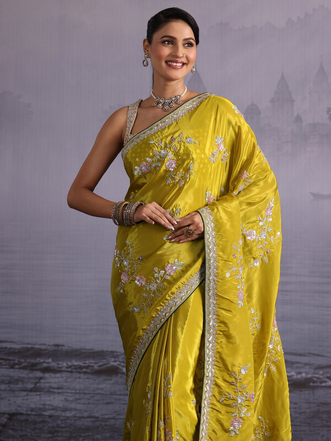  Libas Mustard Floral Sequin Embroidered Satin Saree 