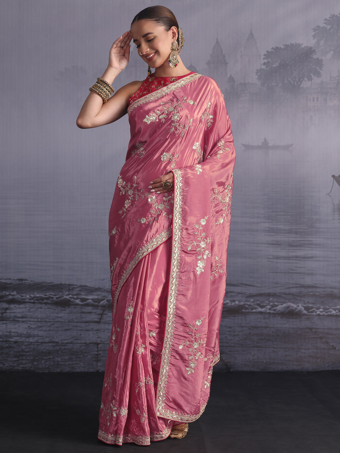  Libas Dusty Pink Floral Embroidered Satin Saree with Sequin Embellishments 