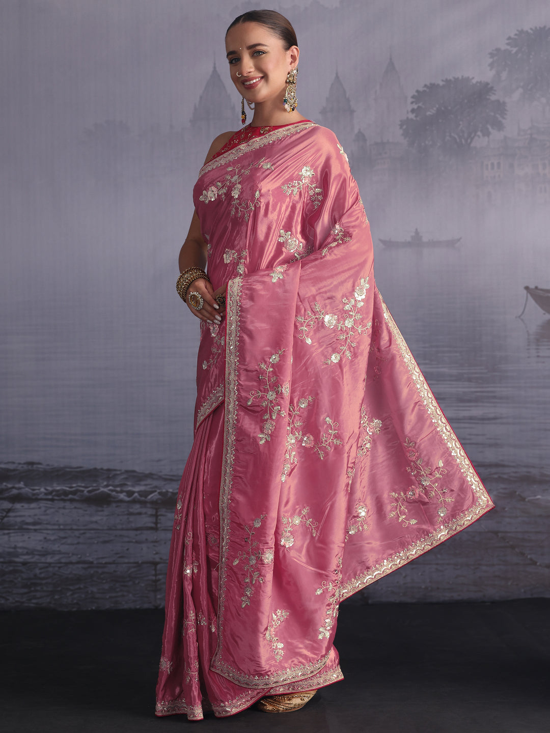  Libas Dusty Pink Floral Embroidered Satin Saree with Sequin Embellishments 