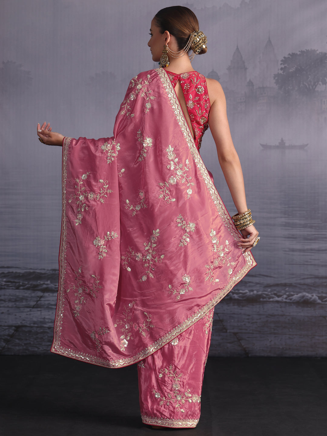  Libas Dusty Pink Floral Embroidered Satin Saree with Sequin Embellishments 