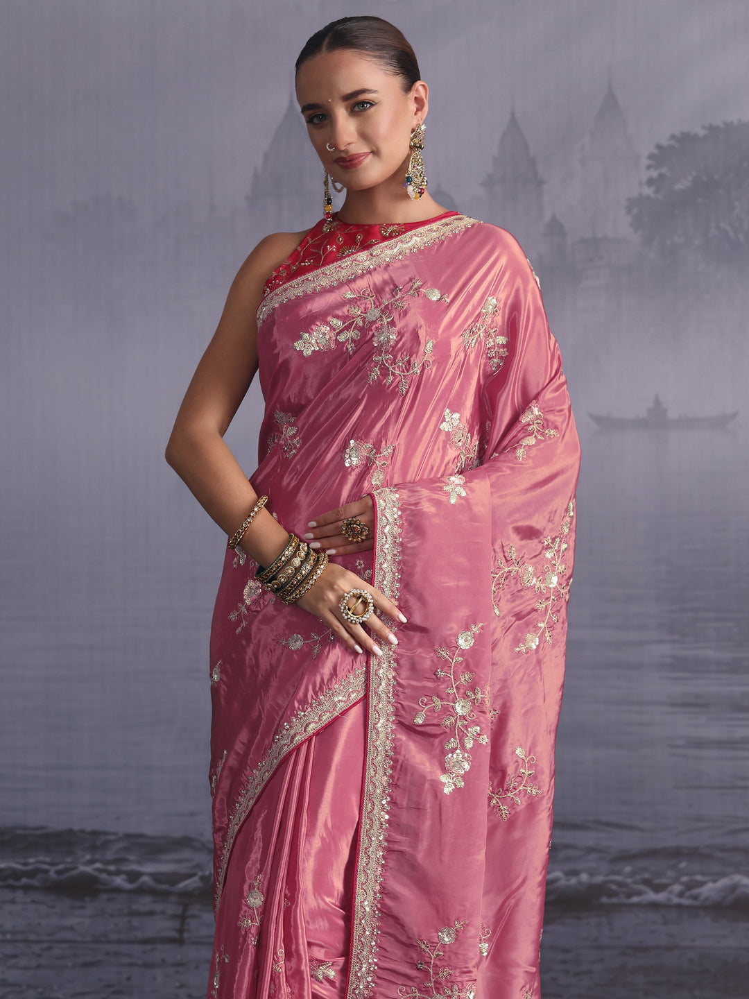  Libas Dusty Pink Floral Embroidered Satin Saree with Sequin Embellishments 