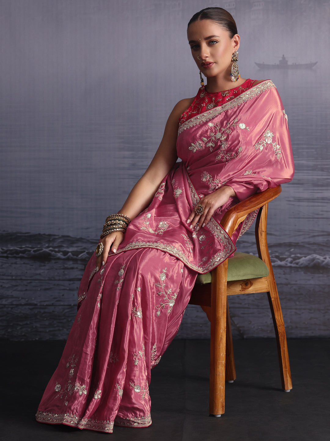  Libas Dusty Pink Floral Embroidered Satin Saree with Sequin Embellishments 