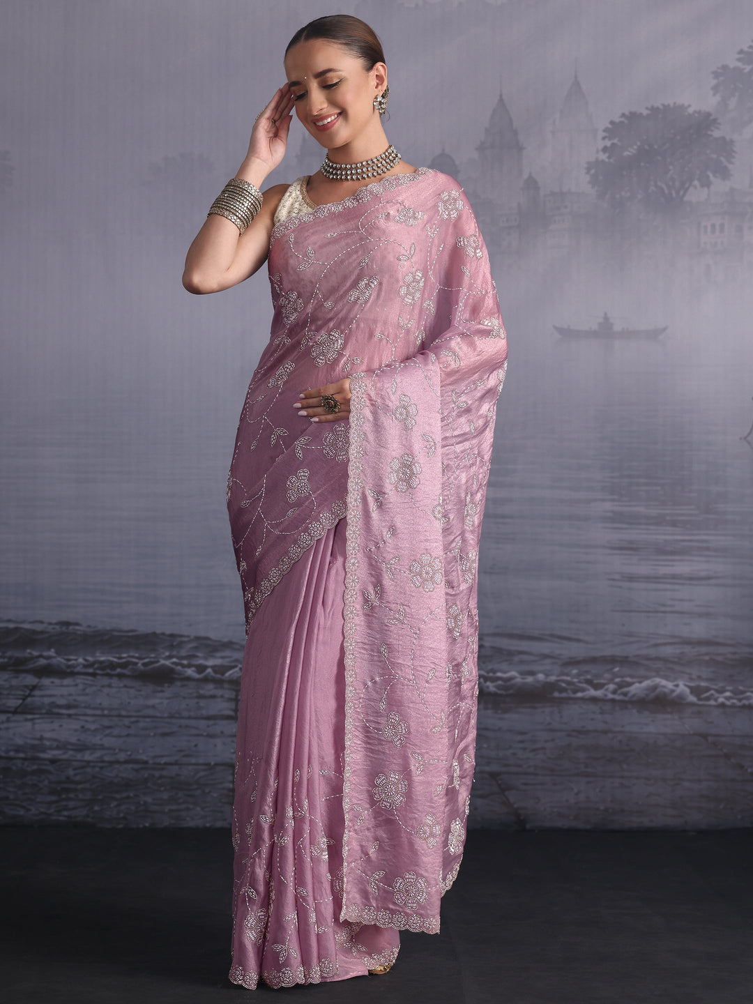  Libas Art Lavender Stone Work Embellished Tissue Saree 