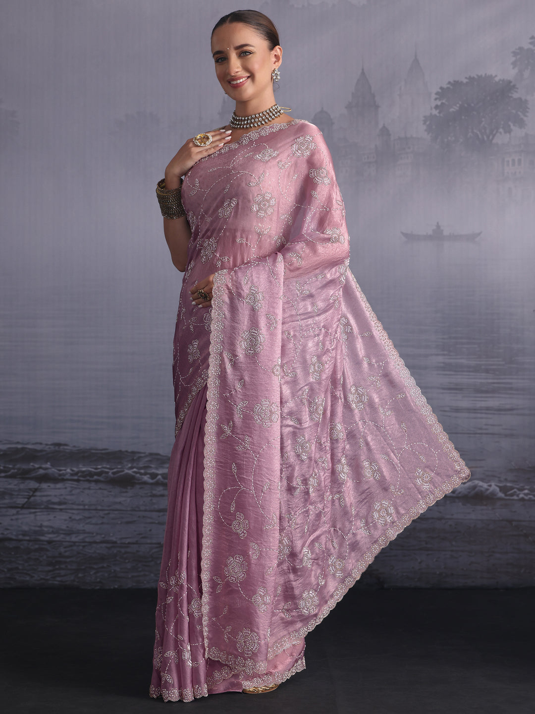  Libas Art Lavender Stone Work Embellished Tissue Saree 