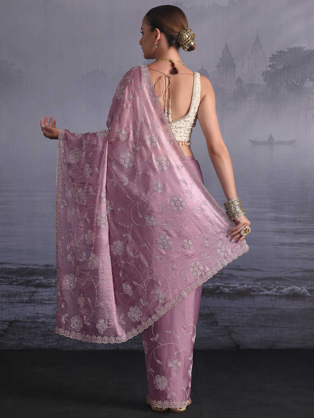  Libas Art Lavender Stone Work Embellished Tissue Saree 