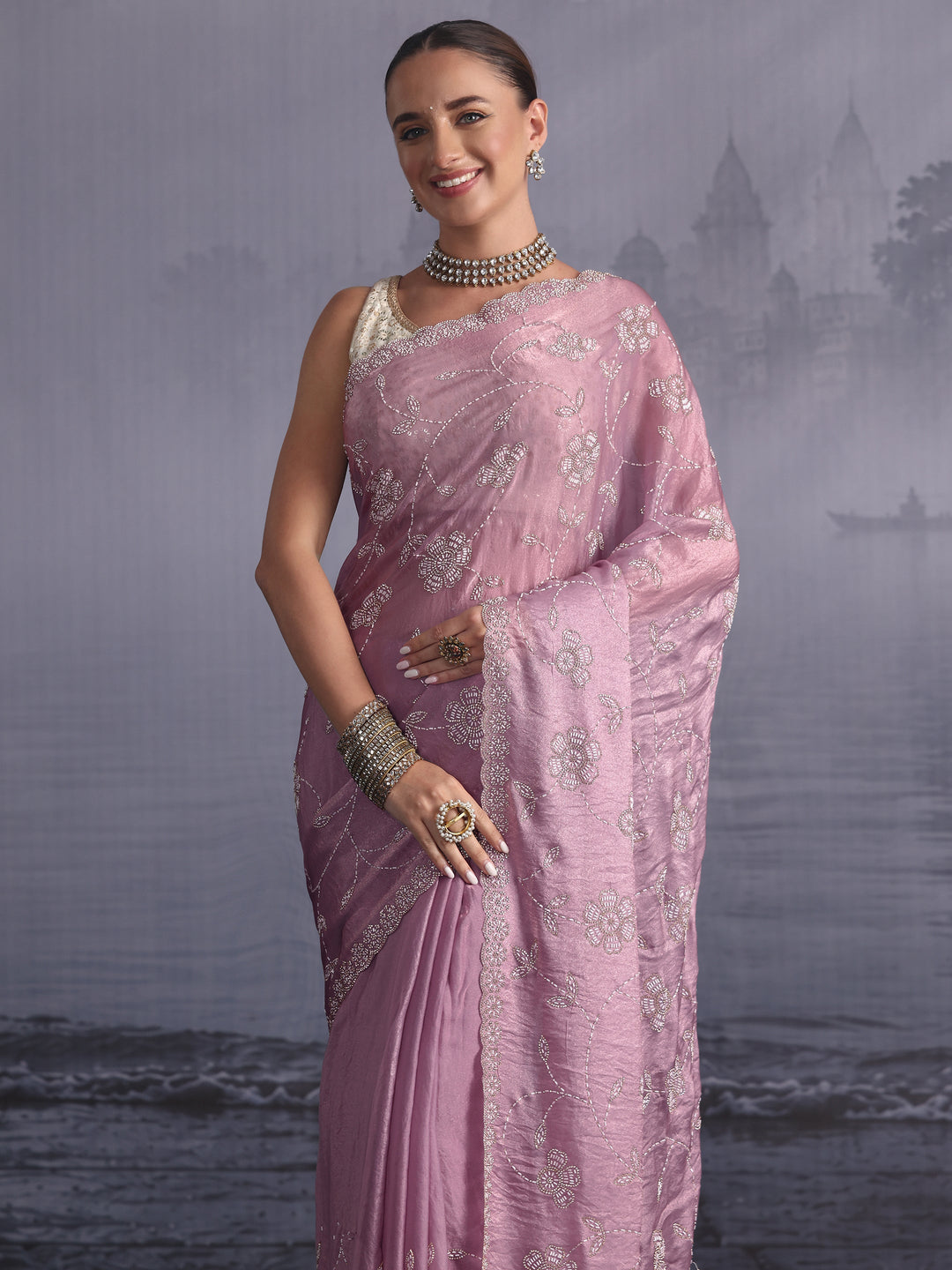  Libas Art Lavender Stone Work Embellished Tissue Saree 
