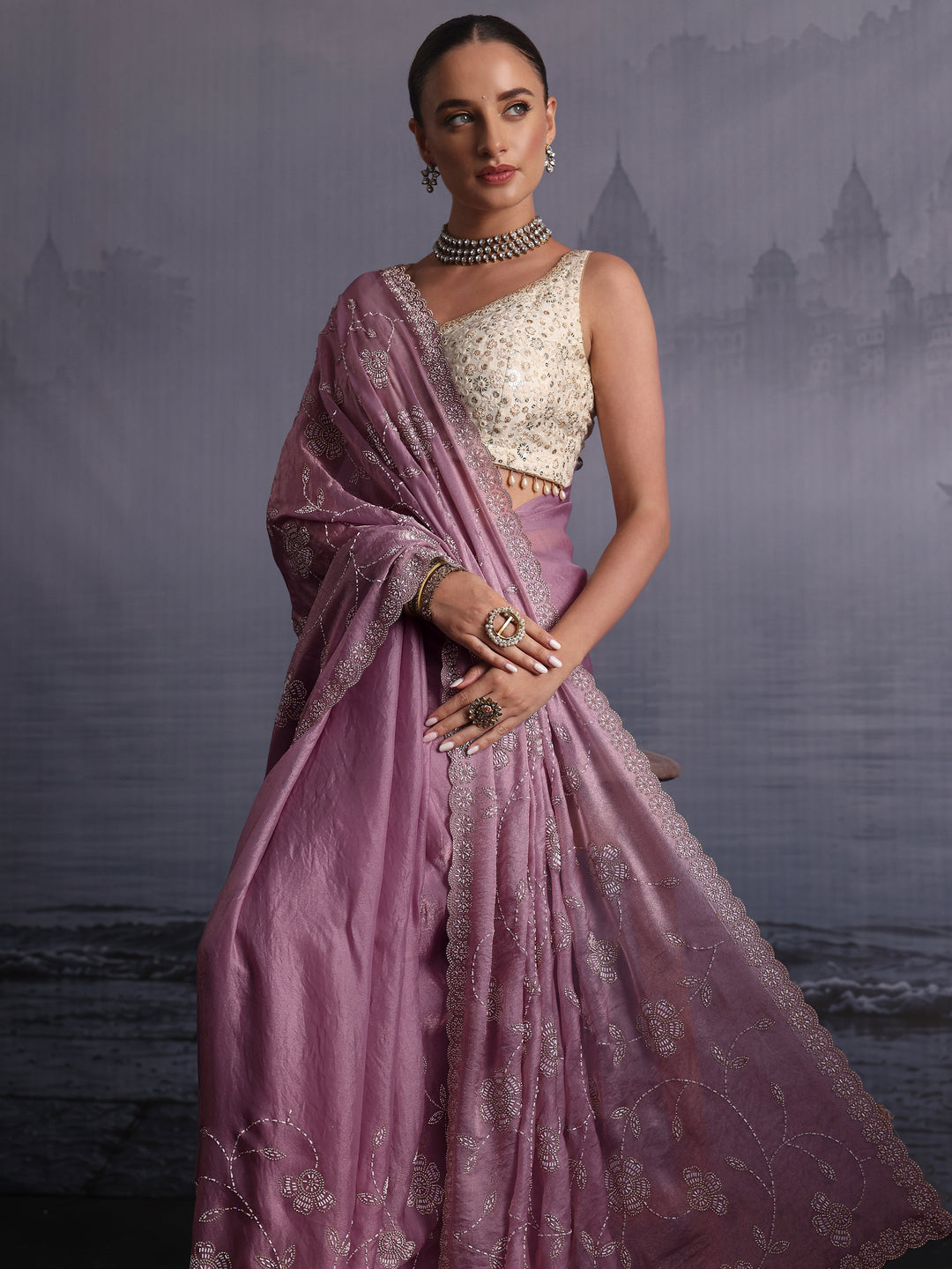  Libas Art Lavender Stone Work Embellished Tissue Saree 