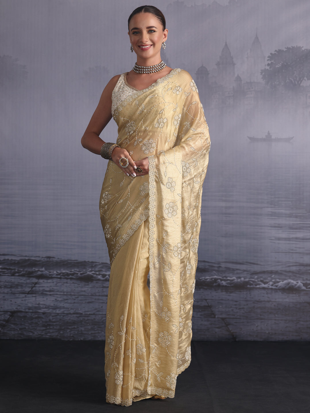  Libas Art Golden Stone Work Embellished Tissue Saree 