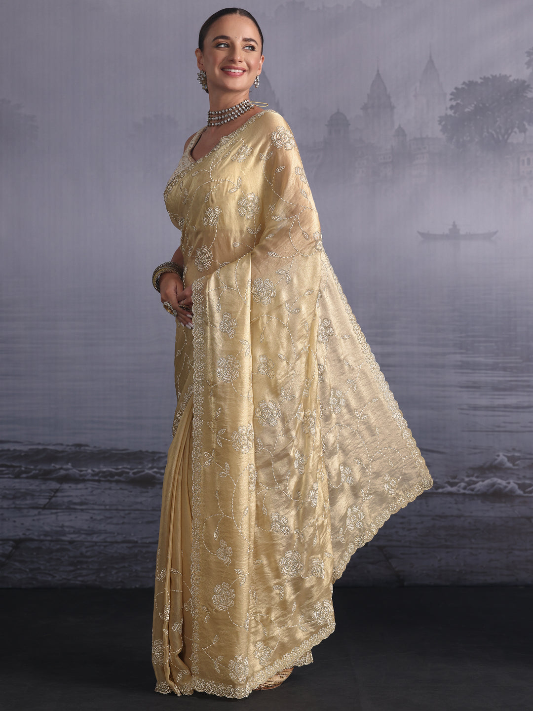  Libas Art Golden Stone Work Embellished Tissue Saree 