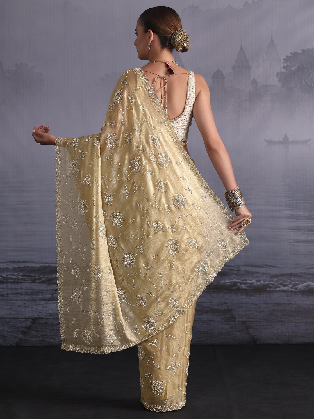  Libas Art Golden Stone Work Embellished Tissue Saree 