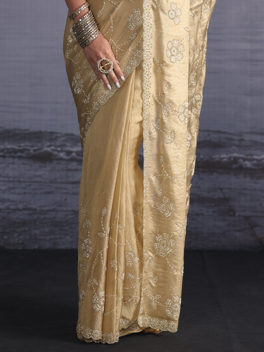  Libas Art Golden Stone Work Embellished Tissue Saree 