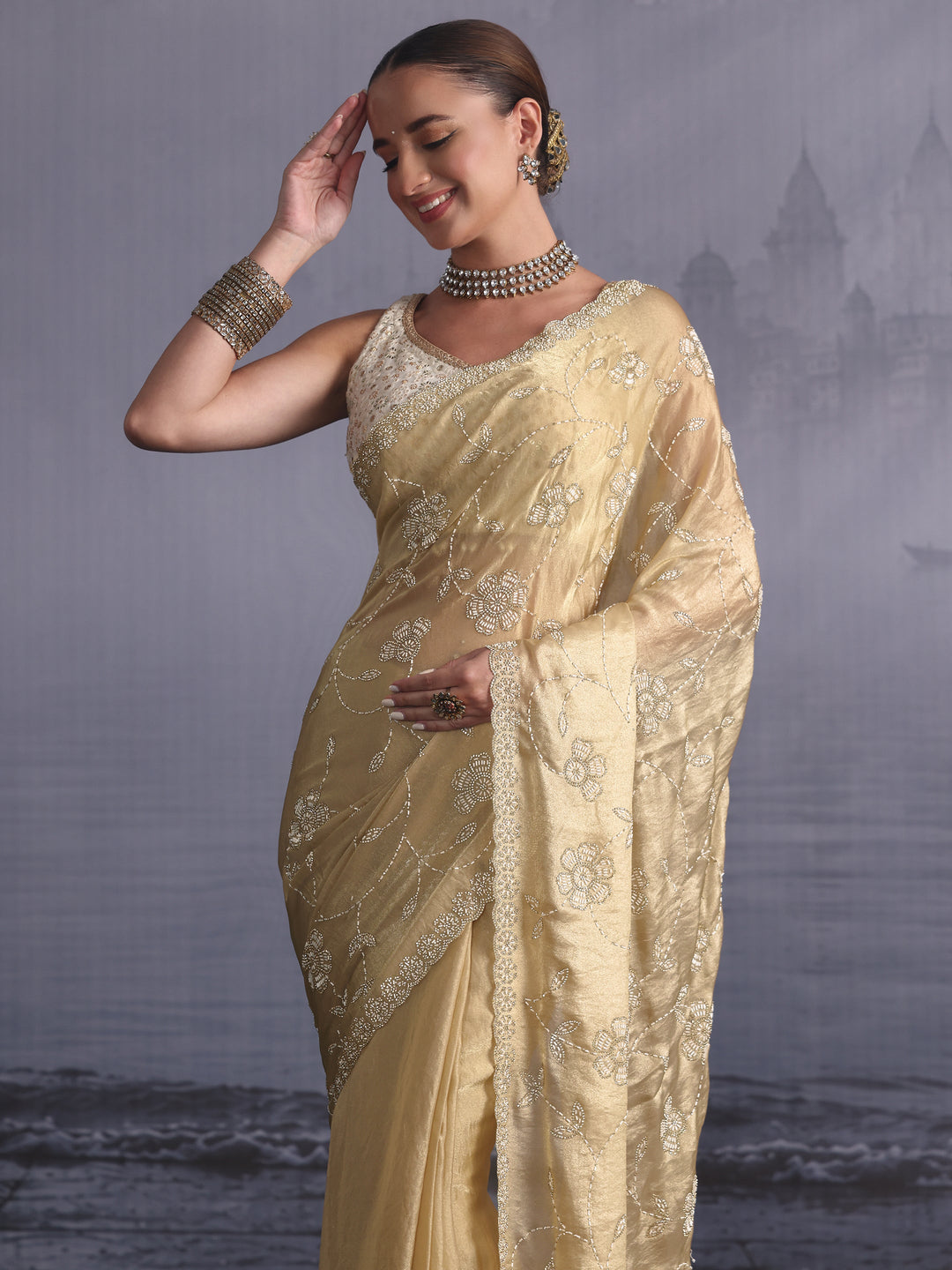  Libas Art Golden Stone Work Embellished Tissue Saree 