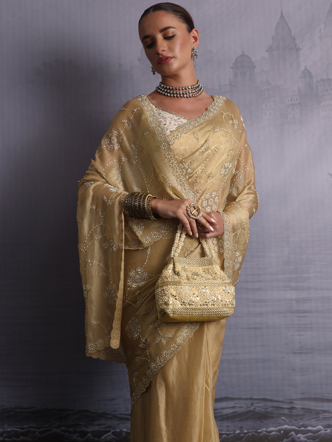  Libas Art Golden Stone Work Embellished Tissue Saree 