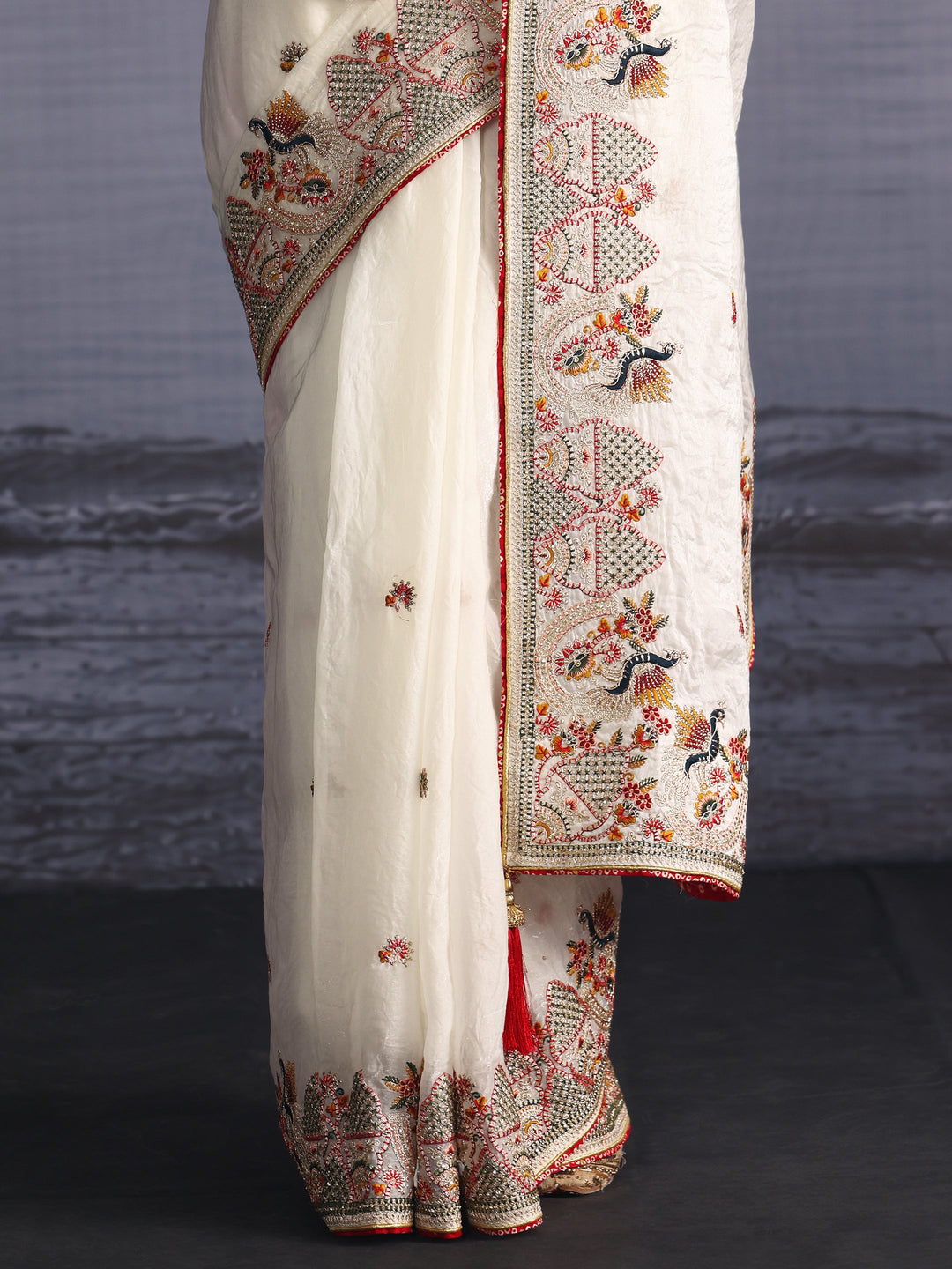  Libas Art Off White Ethnic Embroidered Tissue Saree 