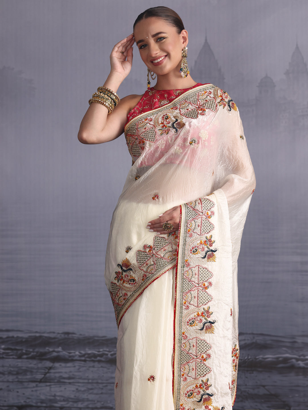 Libas Art Off White Ethnic Embroidered Tissue Saree 