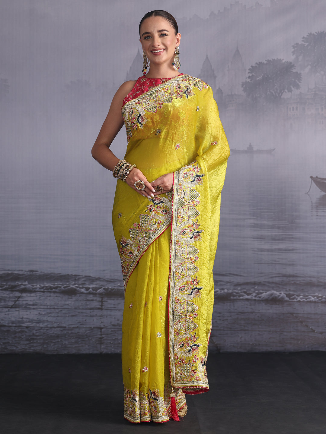  Libas Art Green Ethnic Embroidered Tissue Saree 
