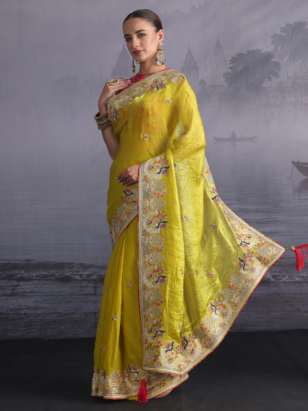  Libas Art Green Ethnic Embroidered Tissue Saree 