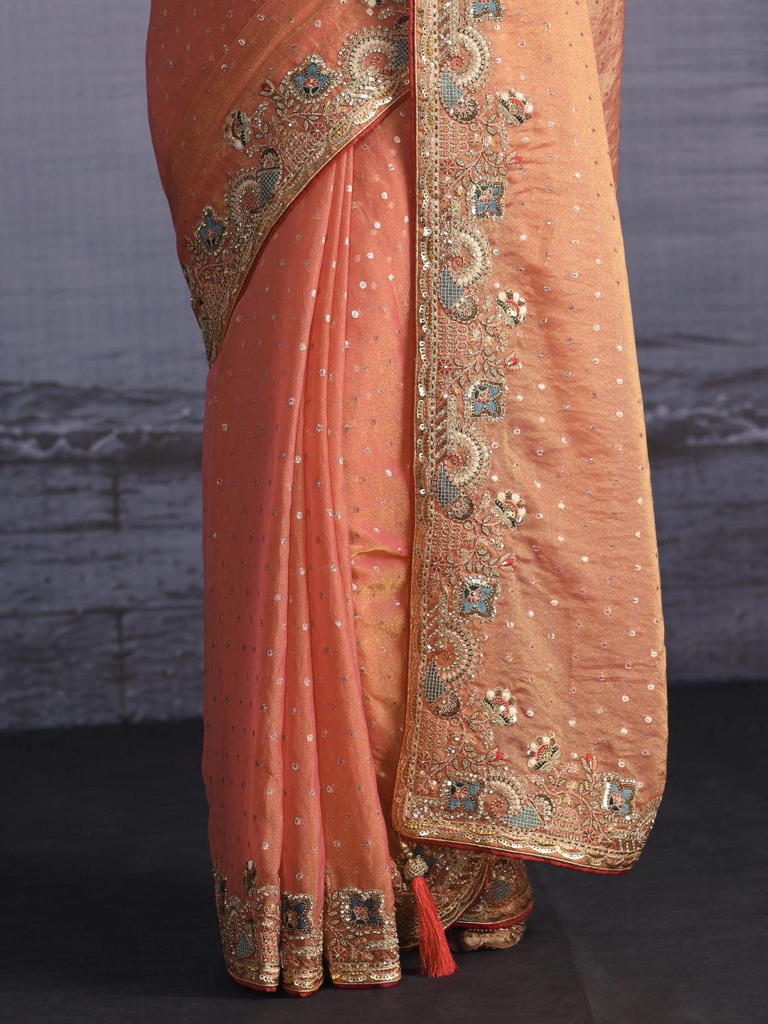  Libas Peach Pink Woven Design Tissue Saree with Embroidered Border 