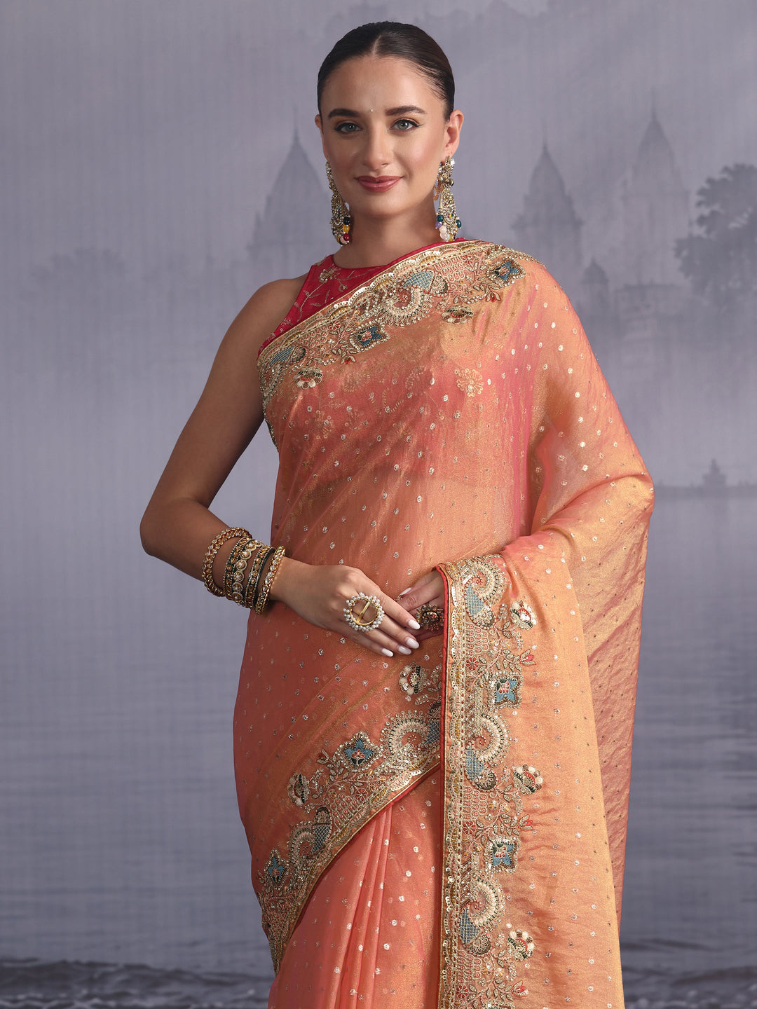  Libas Peach Pink Woven Design Tissue Saree with Embroidered Border 