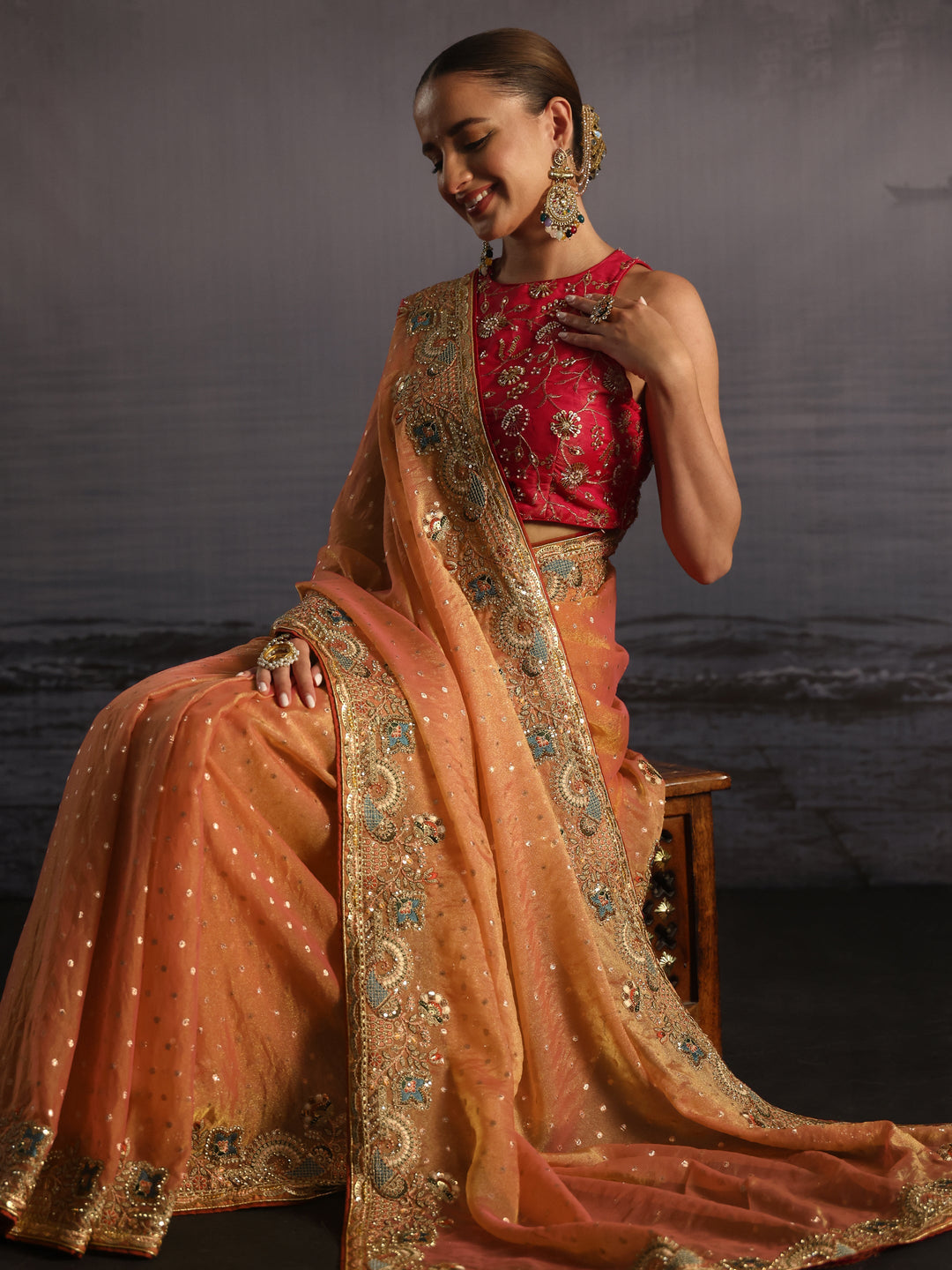  Libas Peach Pink Woven Design Tissue Saree with Embroidered Border 
