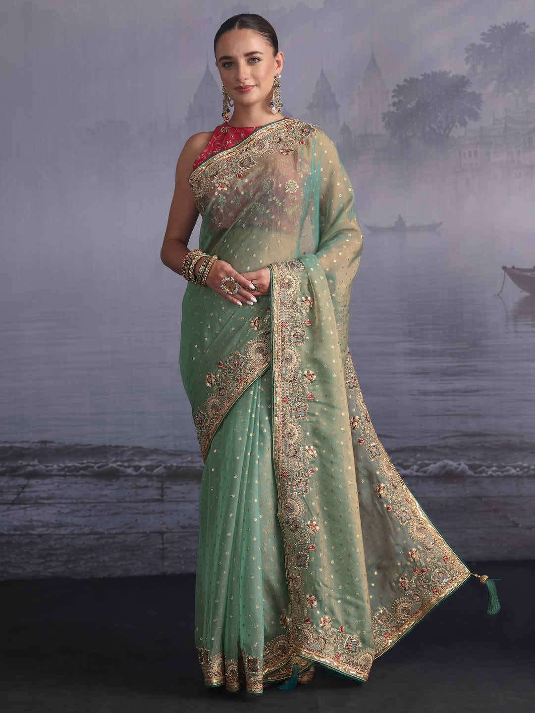  Libas Green Woven Design Tissue Saree with Embroidered Border 