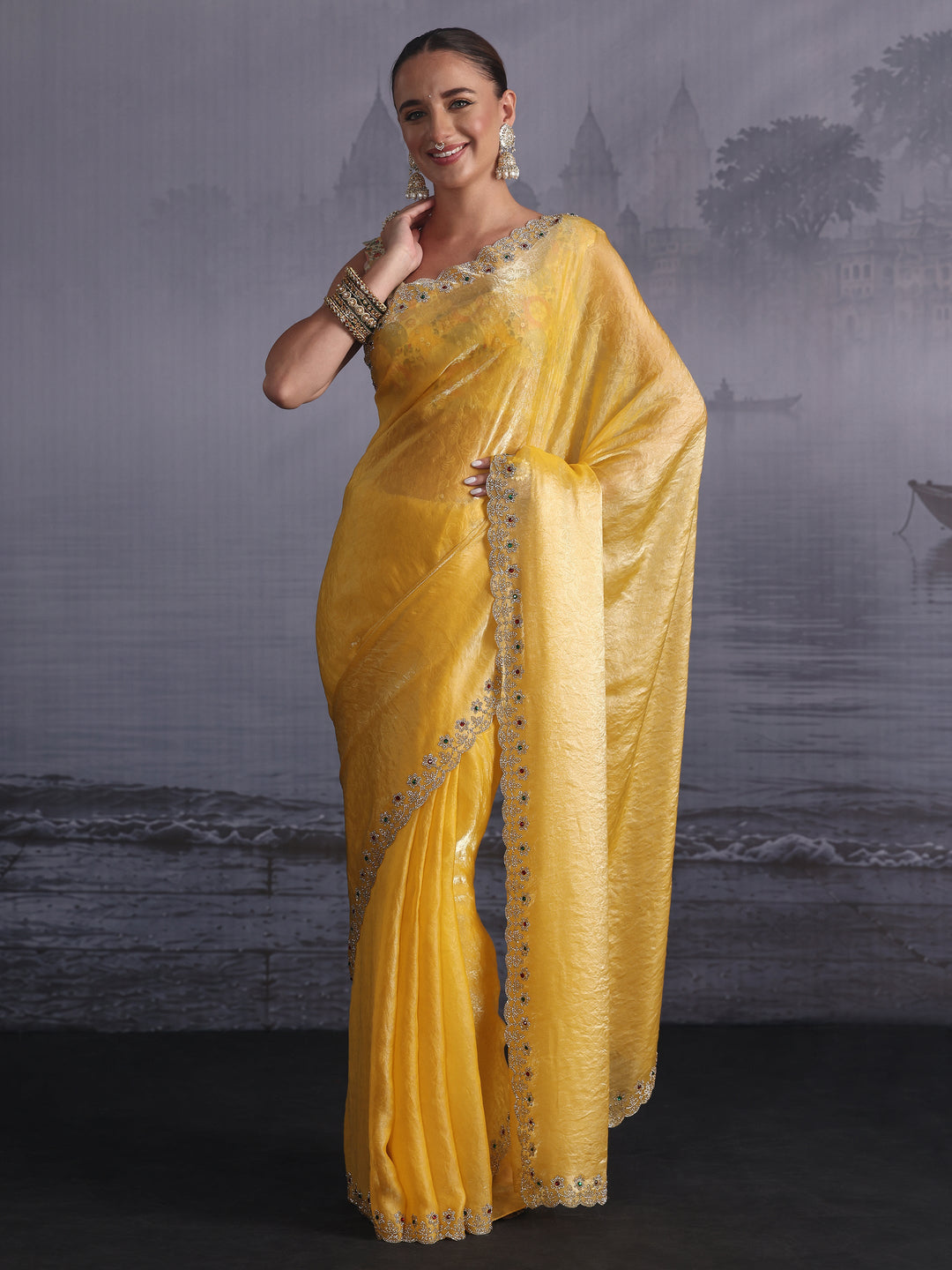  Libas Mustard Tissue Saree with Embellished Scalloped Border 