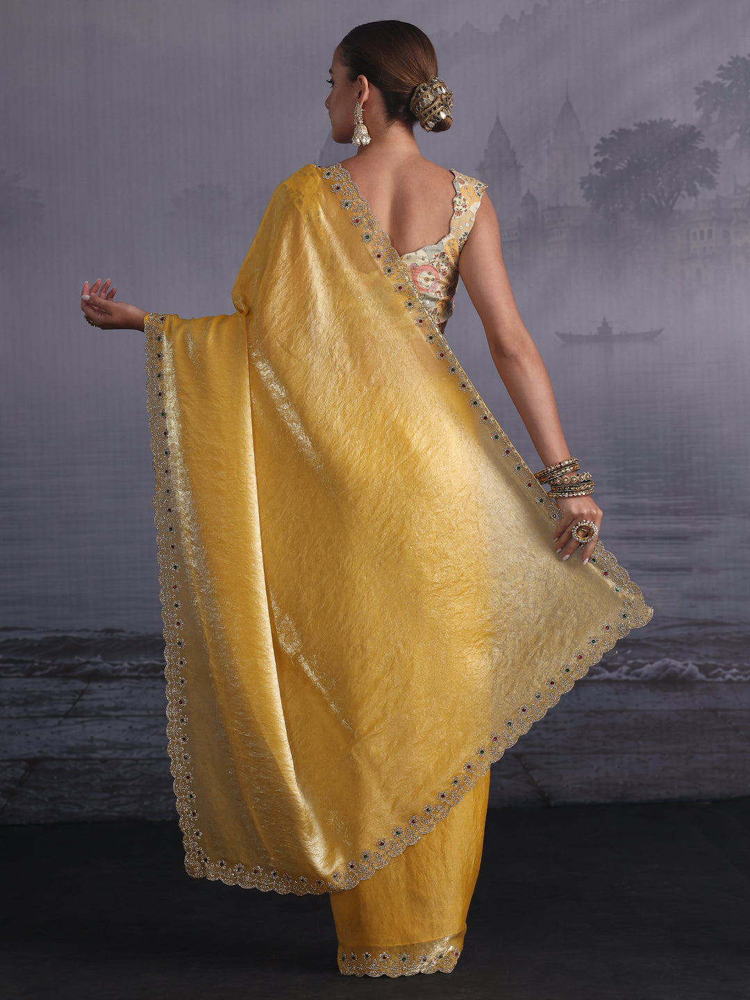  Libas Mustard Tissue Saree with Embellished Scalloped Border 