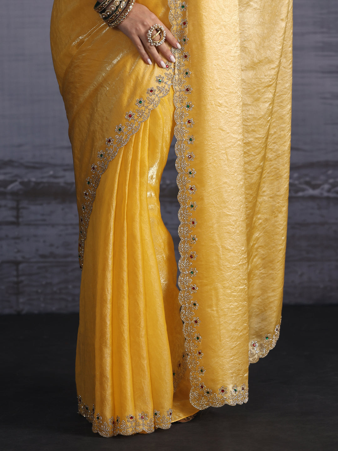  Libas Mustard Tissue Saree with Embellished Scalloped Border 