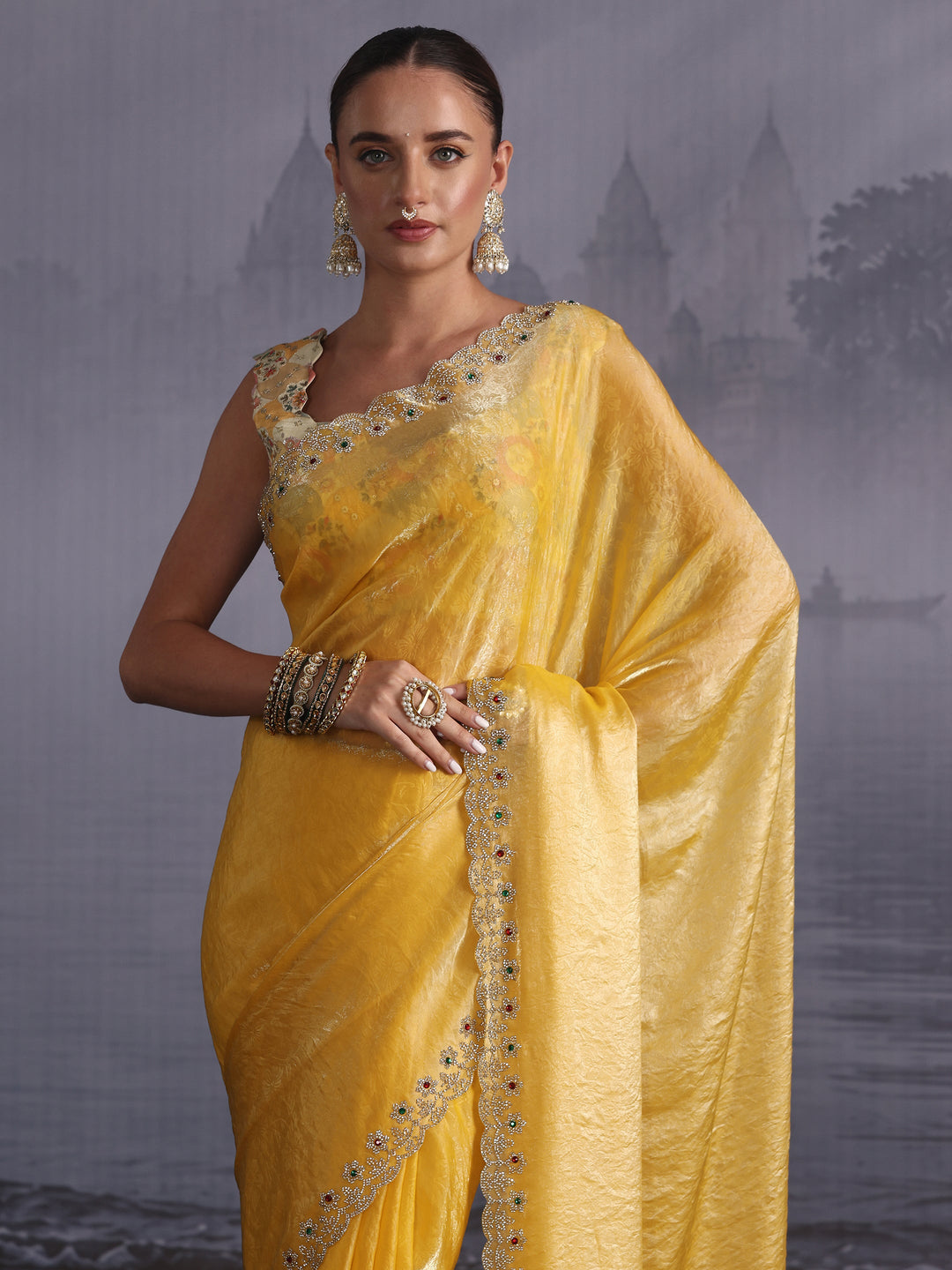  Libas Mustard Tissue Saree with Embellished Scalloped Border 