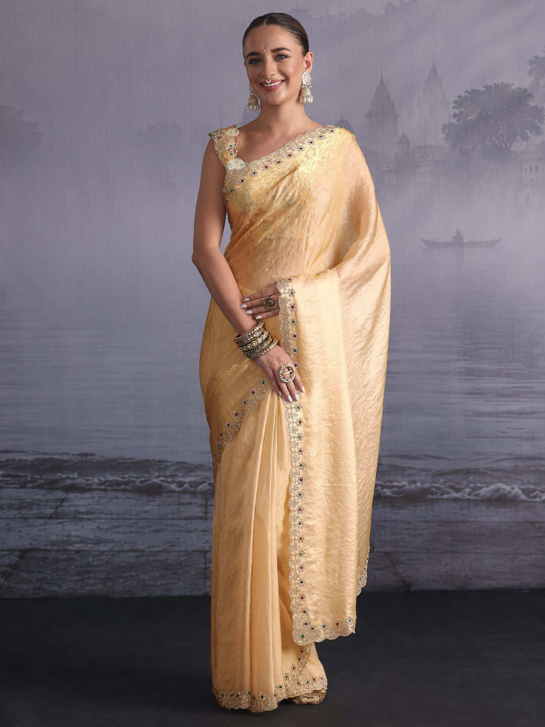  Libas Golden Tissue Saree with Embellished Scalloped Border 