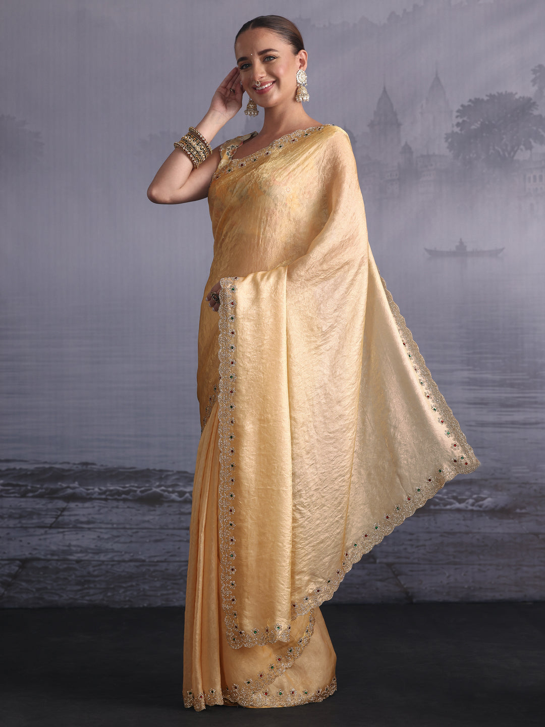  Libas Golden Tissue Saree with Embellished Scalloped Border 