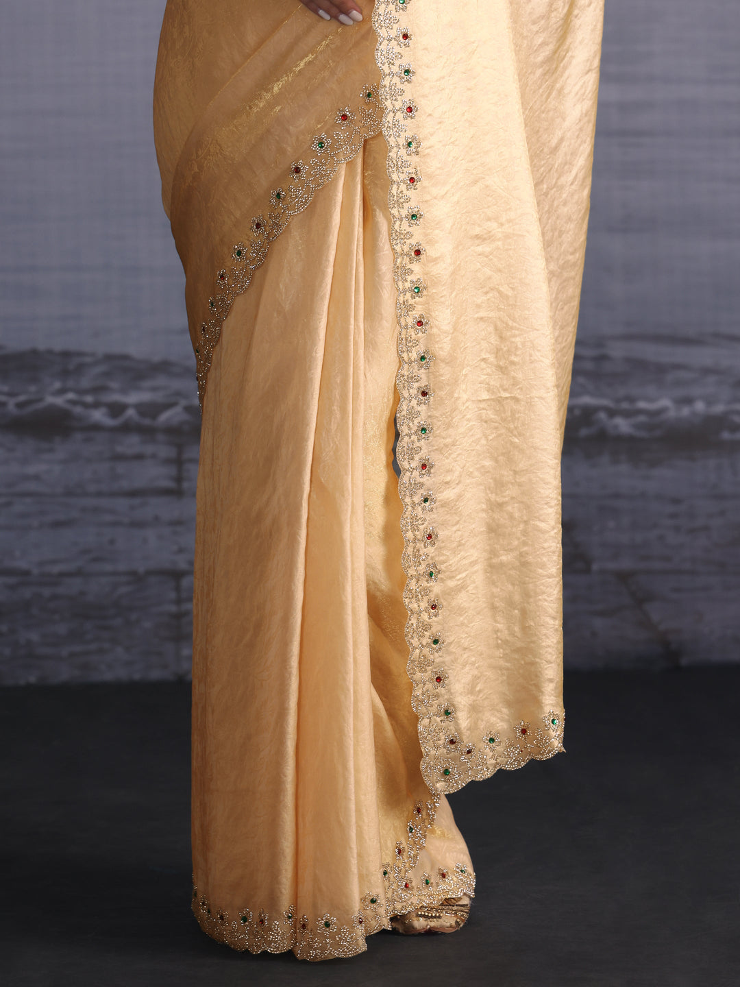  Libas Golden Tissue Saree with Embellished Scalloped Border 