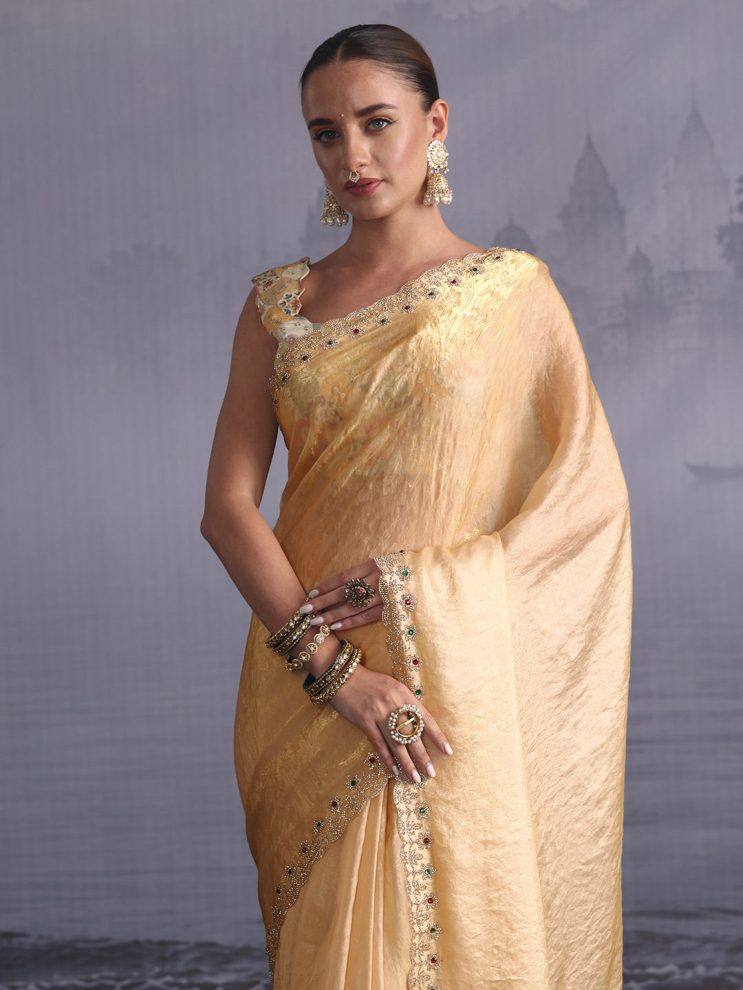  Libas Golden Tissue Saree with Embellished Scalloped Border 