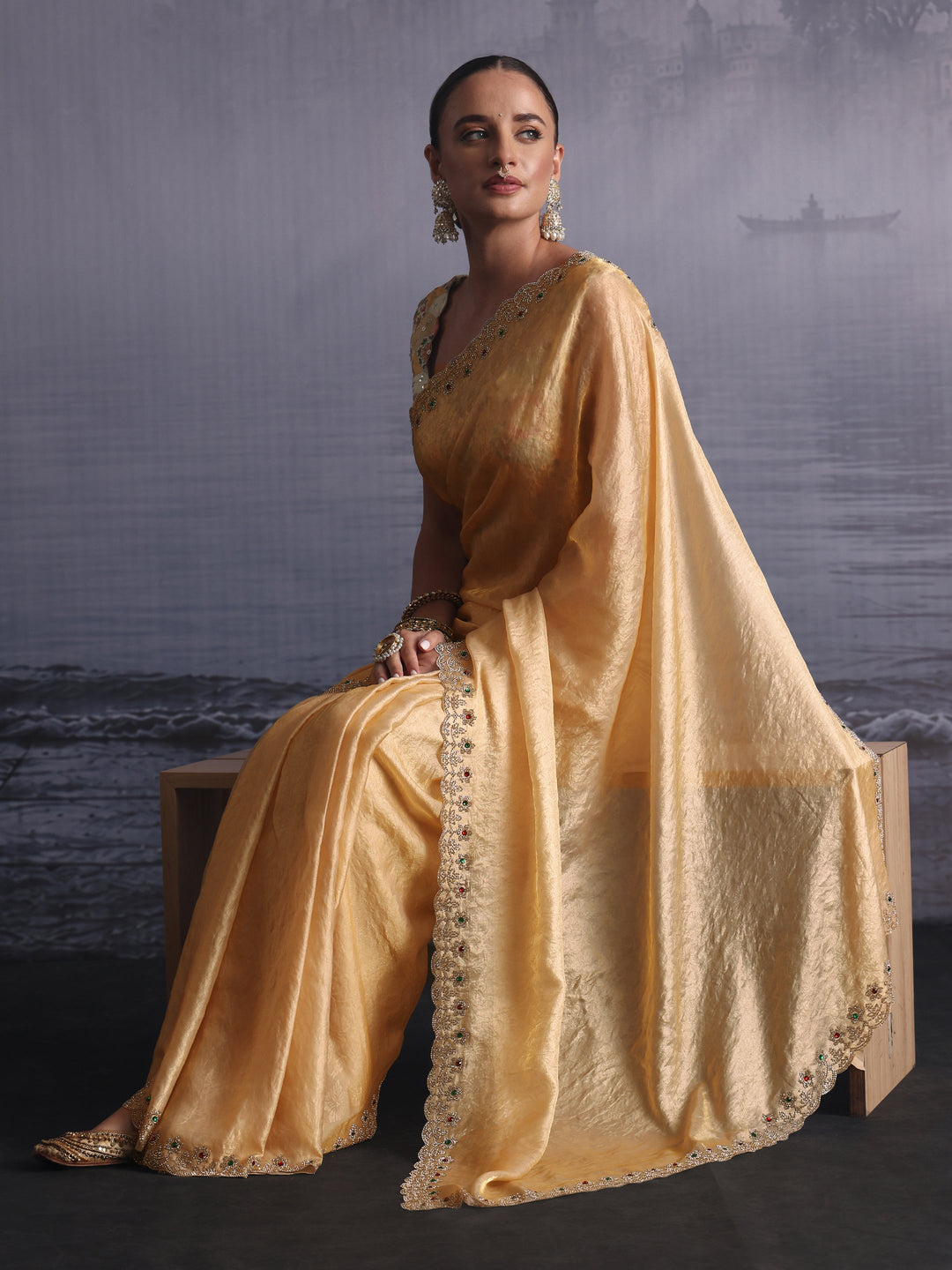  Libas Golden Tissue Saree with Embellished Scalloped Border 