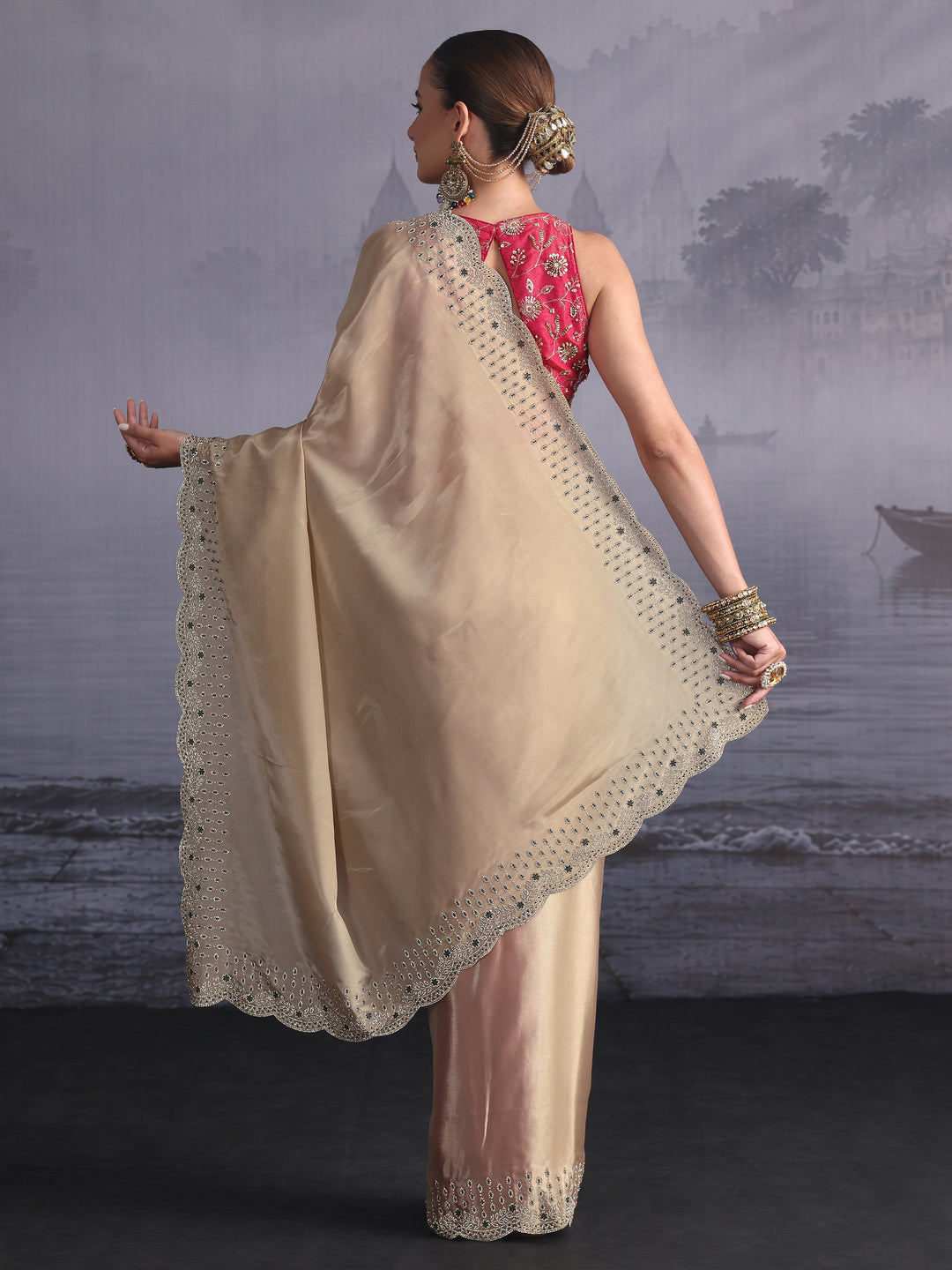 Libas Taupe Tissue Saree with Embellished Scalloped Border 