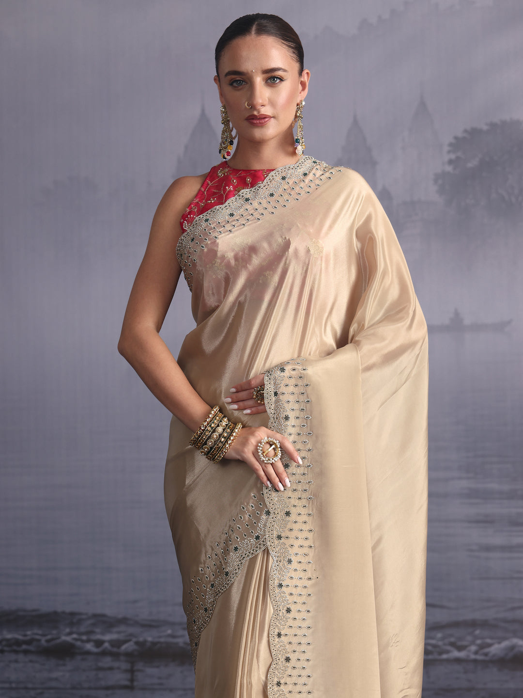  Libas Taupe Tissue Saree with Embellished Scalloped Border 