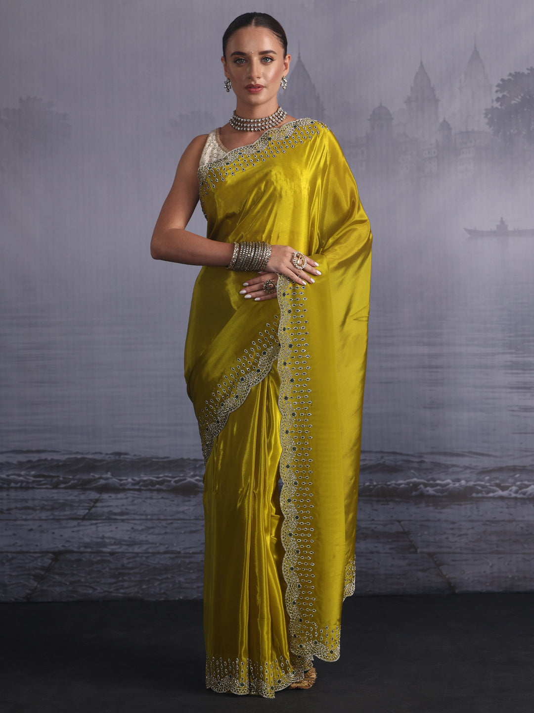  Libas Green Tissue Saree with Embellished Scalloped Border 