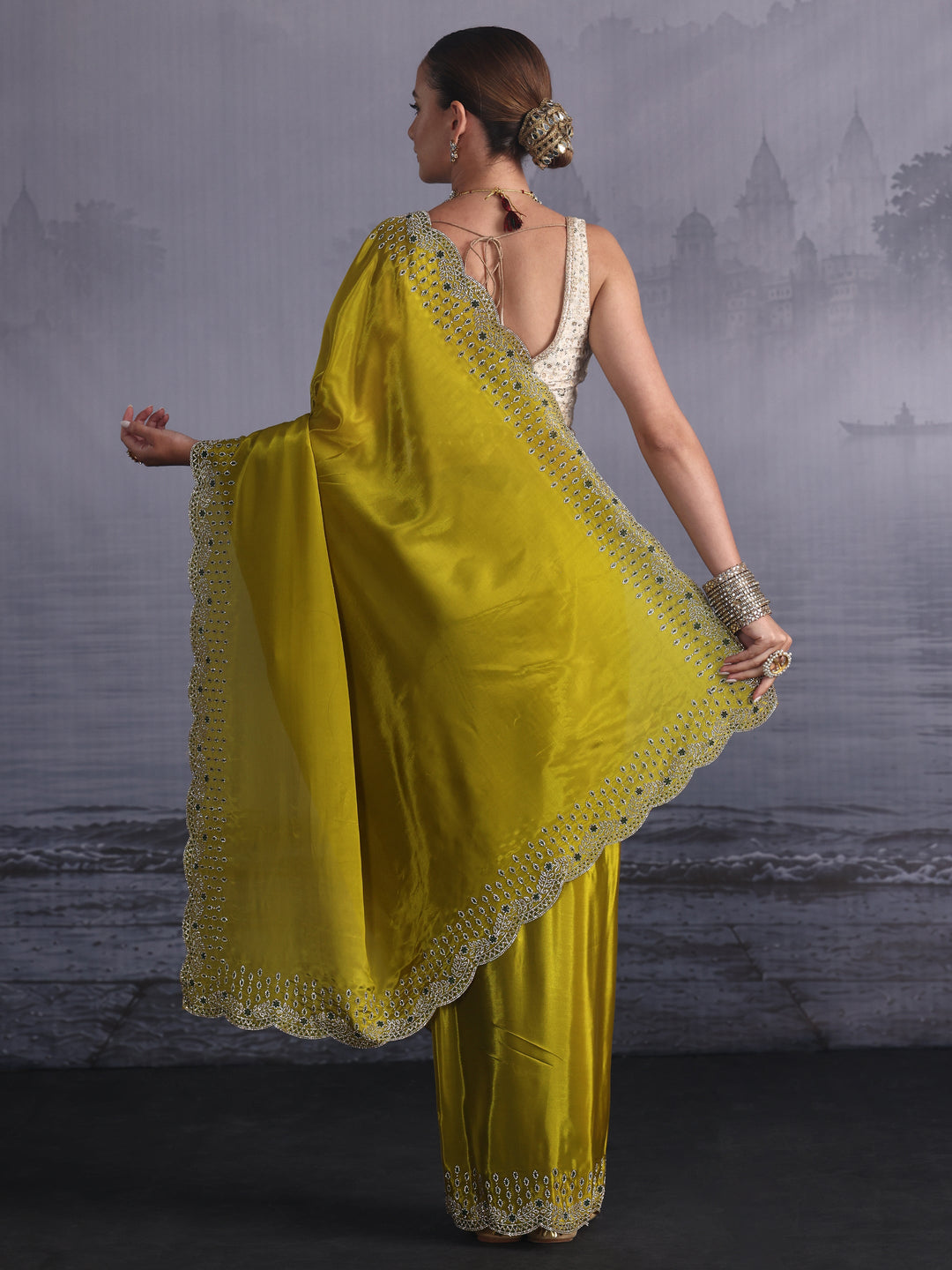  Libas Green Tissue Saree with Embellished Scalloped Border 