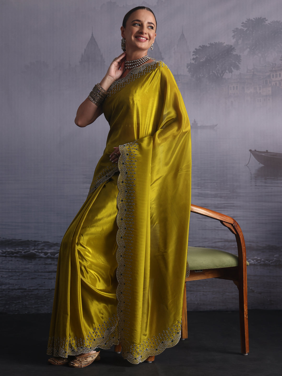  Libas Green Tissue Saree with Embellished Scalloped Border 